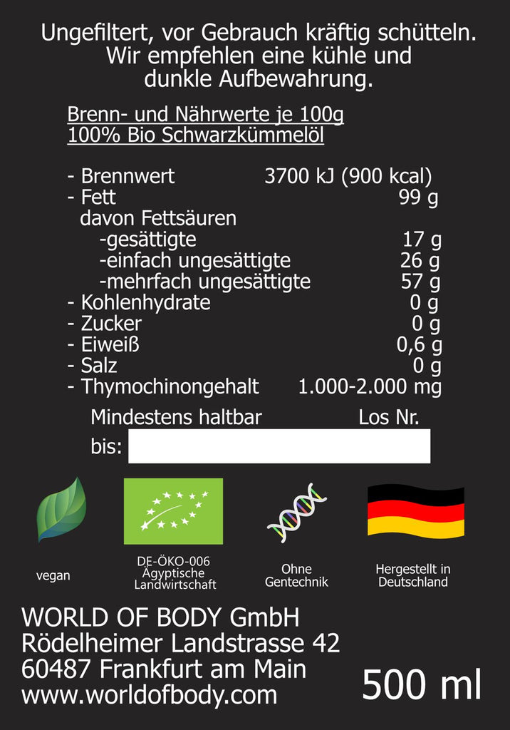 STÄRKSTES 100% BIO SCHWARZKÜMMELÖL |  NATURHEILMITTEL 500ML | KALTGEPRESST | UNGEFILTERT | NATURTRÜB