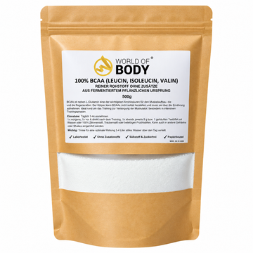 100% BCAA (LEUCIN, ISOLEUCIN, VALIN) REINER ROHSTOFF OHNE ZUSÄTZE  AUS FERMENTIERTEM PFLANZLICHEN URSPRUNG